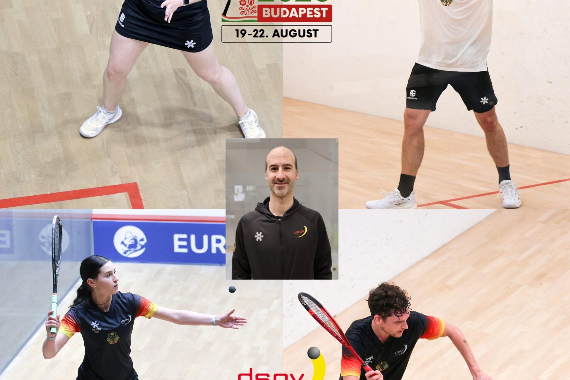 Saskia Beinhard, Maya Weishar, Valentin Rapp und Raphael Kandra vertreten Deutschland bei der Einzel EM 2026 in Budapest und werden dabei von Bundestrainer Simon Rösner betreut - Bilder: DSQV - Lennard Jessen
